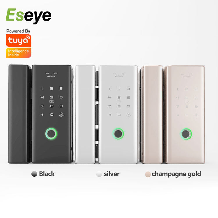 Eseye Intelligent ttlock App Rfid Pin Electronic Tempered Double Biometric Office Hand Sliding Frameless Smart Glass Door Lock