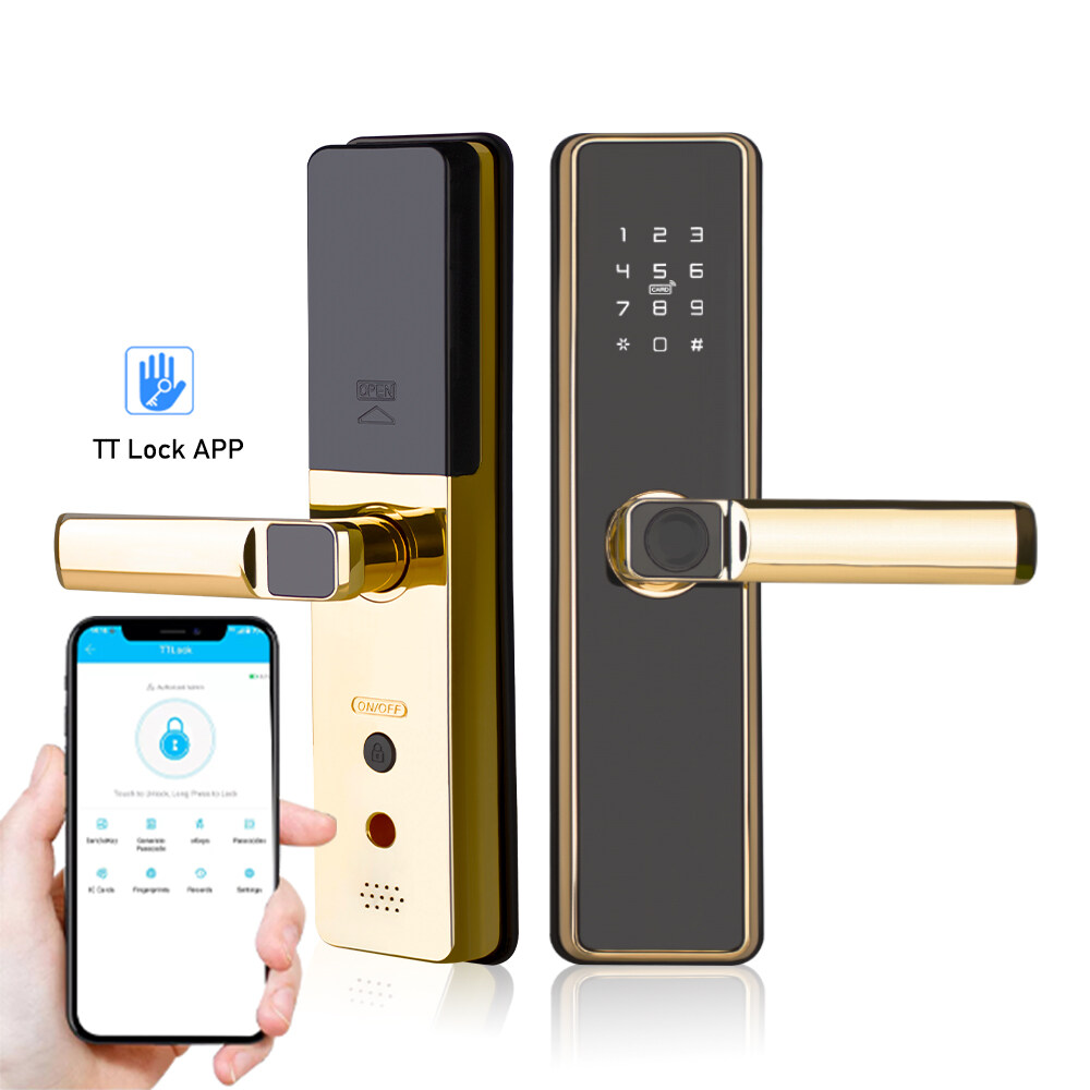 Hot Sale Golden APP/Fingerprint/Password/Card/Key Unlock Smart Lock With Handle