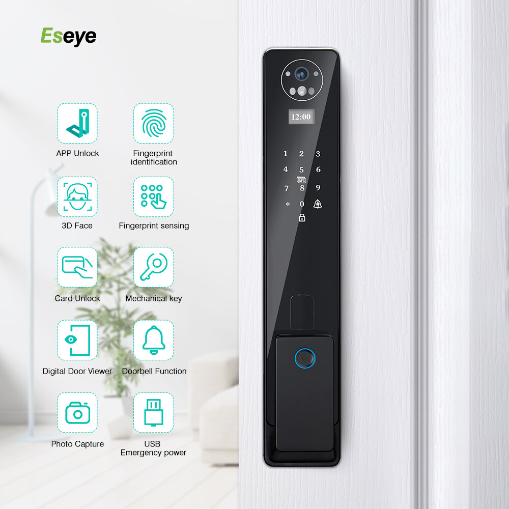 Black Elegant Fingerprint Facial Password Card Key APP Unlock Smart Intelligent Lock For Access Control